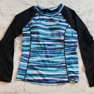 Striped Aqua & Navy Long Sleeve Rash Guard